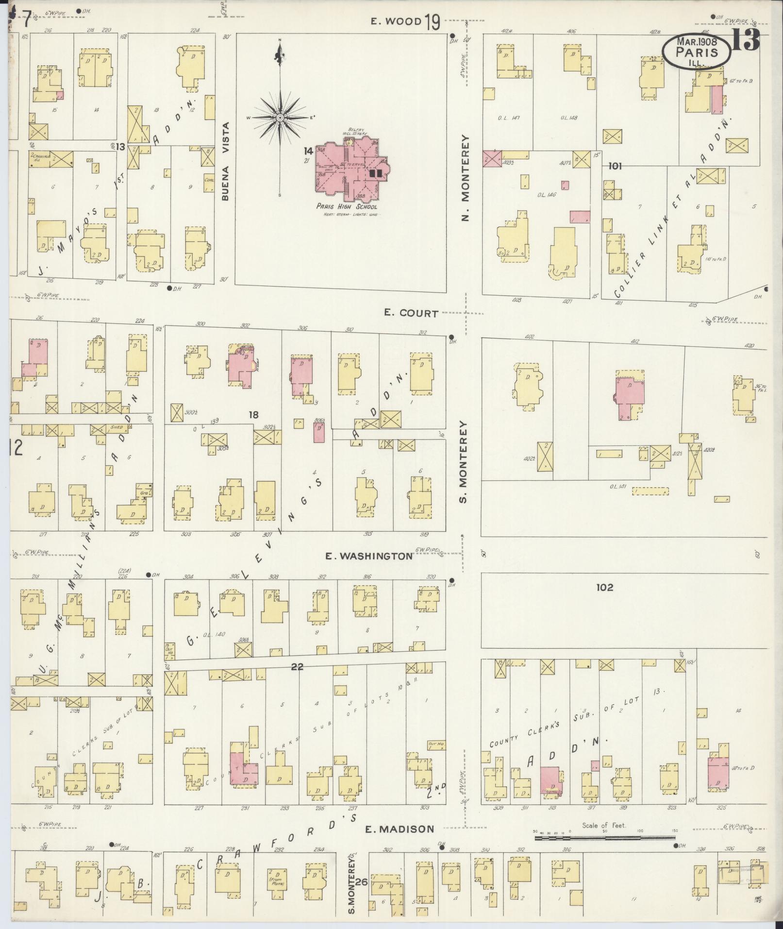 Sanborn Fire Insurance Map from Paris, Edgar County, Illinois (1908), Sheet #0013 - Complete Map Set gallery image, historic Sanborn map, vintage wall art, Illinois Illinois