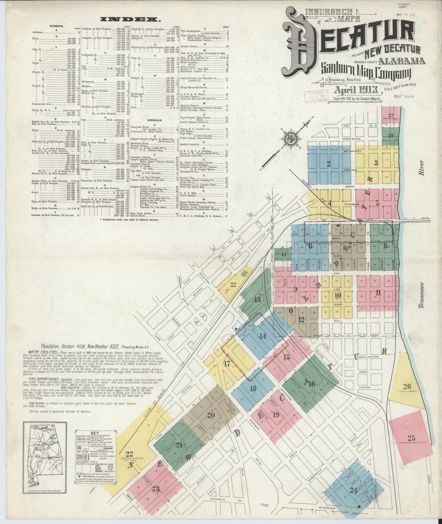 Sanborn Fire Insurance Map from Decatur, Morgan County, Alabama (1913), Sheet #0001 - Historic Sanborn Fire Insurance Map Print, vintage old map wall art, antique decor, genealogy gift, Alabama Alabama map