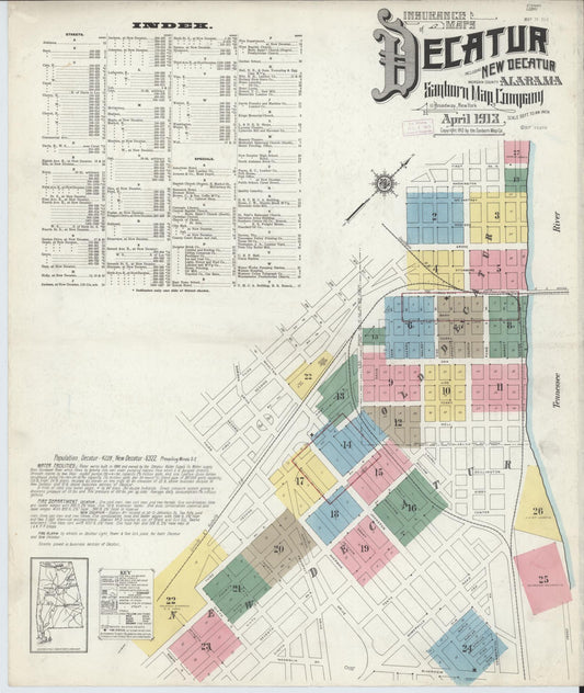 Sanborn Fire Insurance Map from Decatur, Morgan County, Alabama (1913), Sheet #0001 - Historic Sanborn Fire Insurance Map Print, vintage old map wall art, antique decor, genealogy gift, Alabama Alabama map