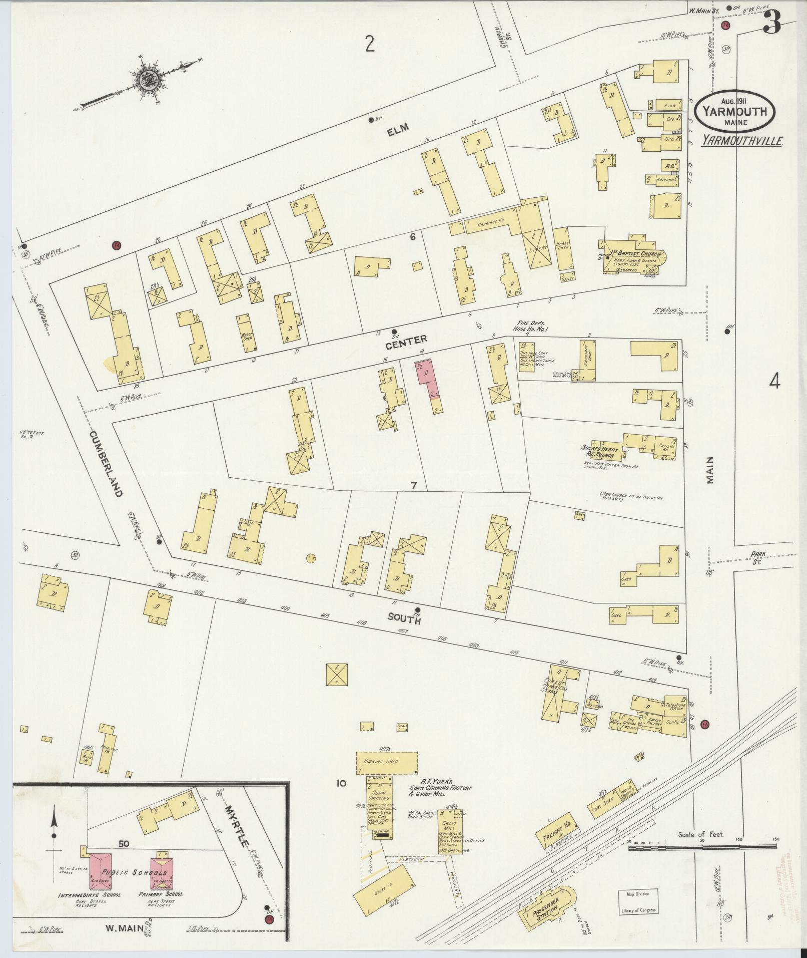 Sanborn Fire Insurance Map from Yarmouth, Cumberland County, Maine (1911), Sheet #0003 - Complete Map Set gallery image, historic Sanborn map, vintage wall art, Maine Maine