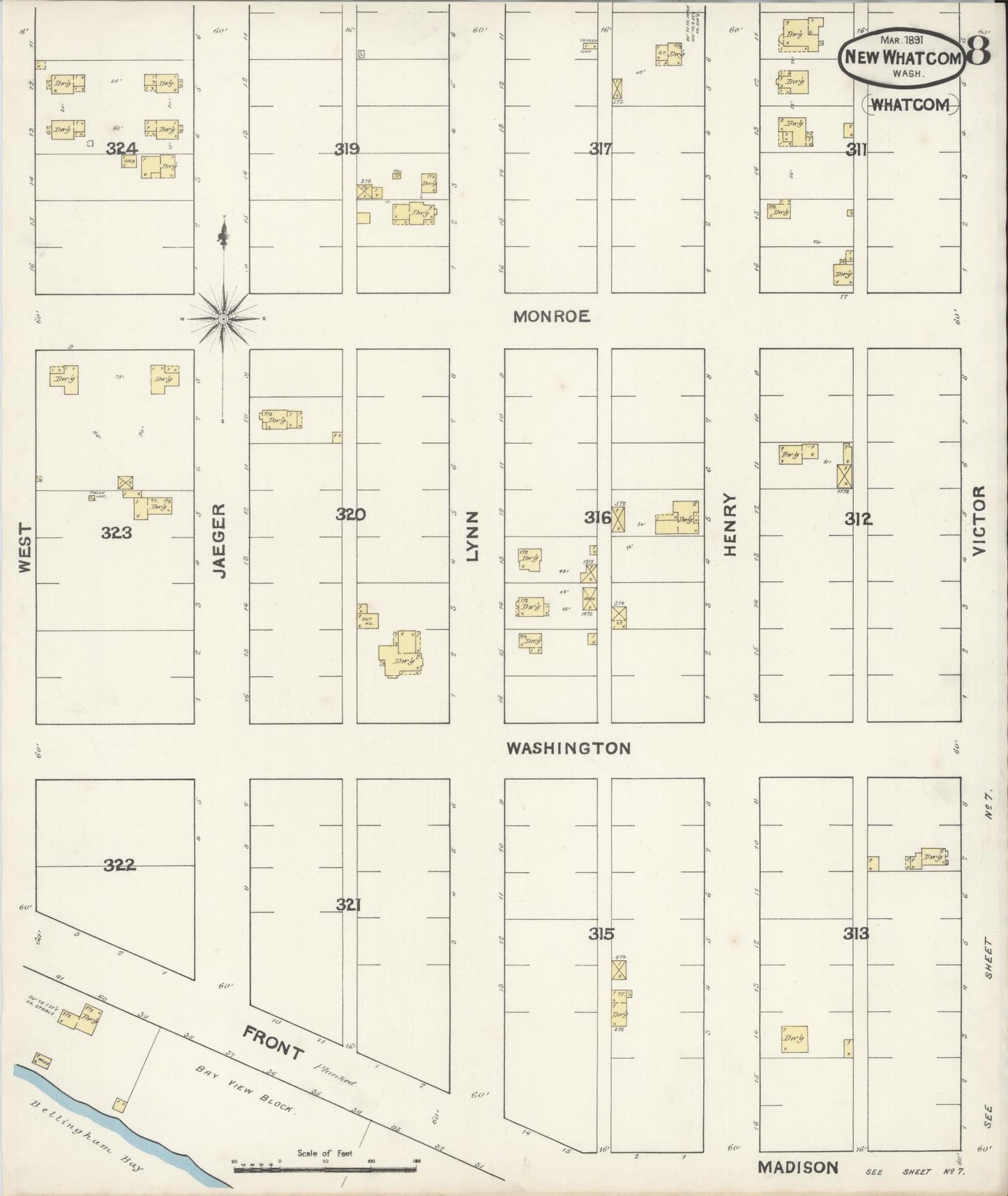 Sanborn Fire Insurance Map from New Whatcom, Whatcom County, Washington (1891), Sheet #0008 - Complete Map Set gallery image, historic Sanborn map, vintage wall art, Washington Washington