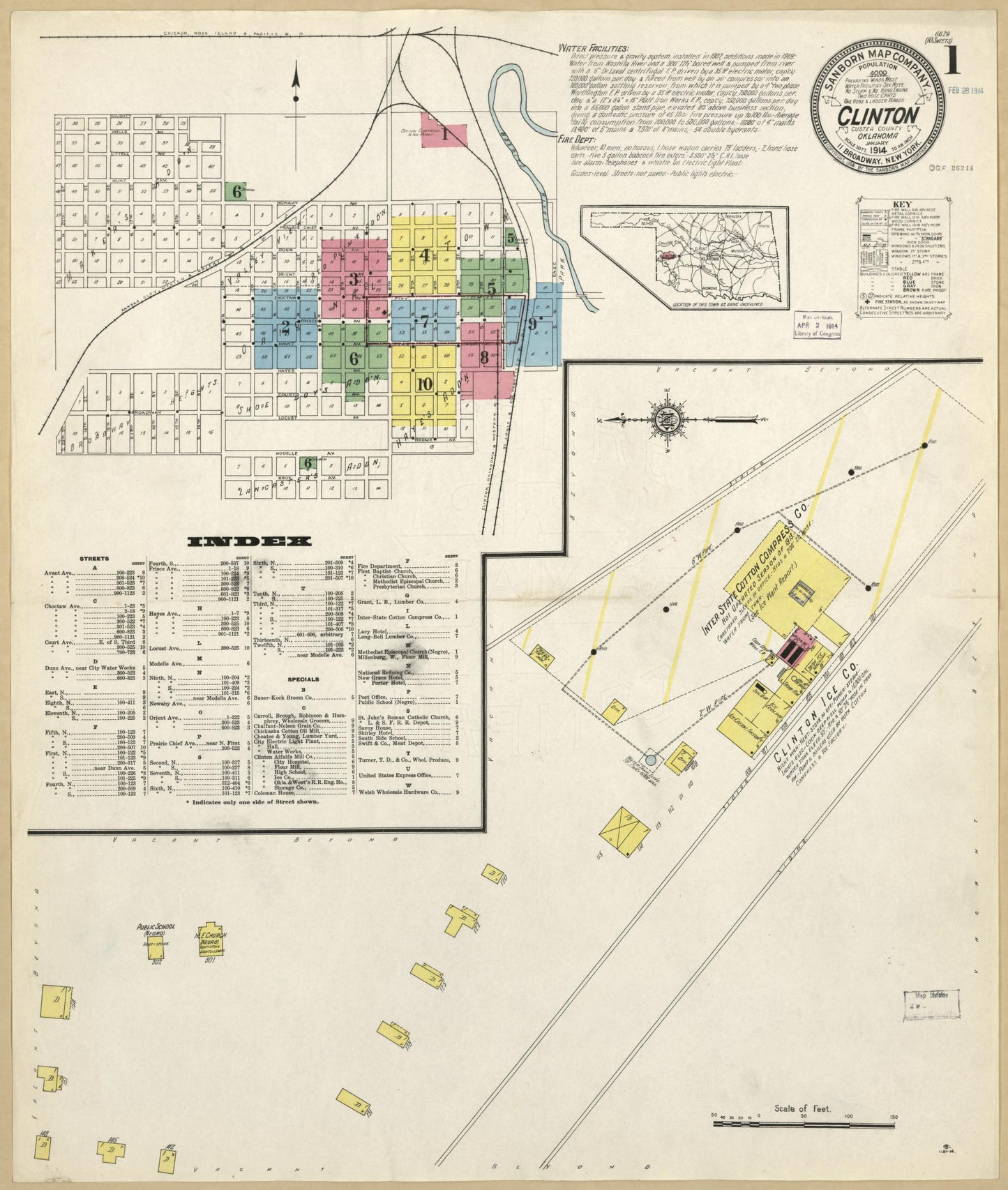 Sanborn Fire Insurance Map from Clinton, Custer County, Oklahoma (1914), Sheet #0001 - Historic Sanborn Fire Insurance Map Print, vintage old map wall art, antique decor, genealogy gift, Oklahoma Oklahoma map