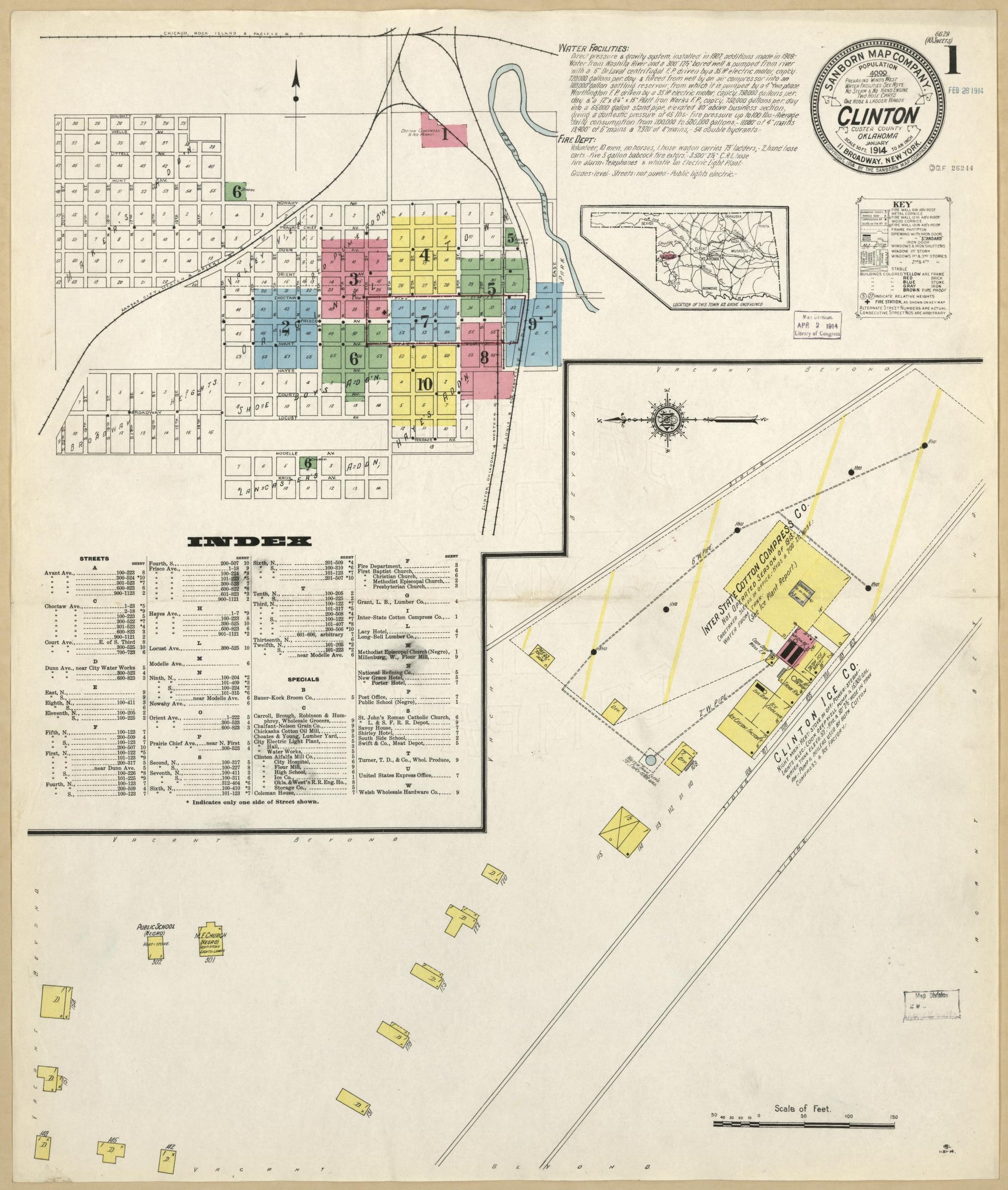 Sanborn Fire Insurance Map from Clinton, Custer County, Oklahoma (1914), Sheet #0001 - Historic Sanborn Fire Insurance Map Print, vintage old map wall art, antique decor, genealogy gift, Oklahoma Oklahoma map