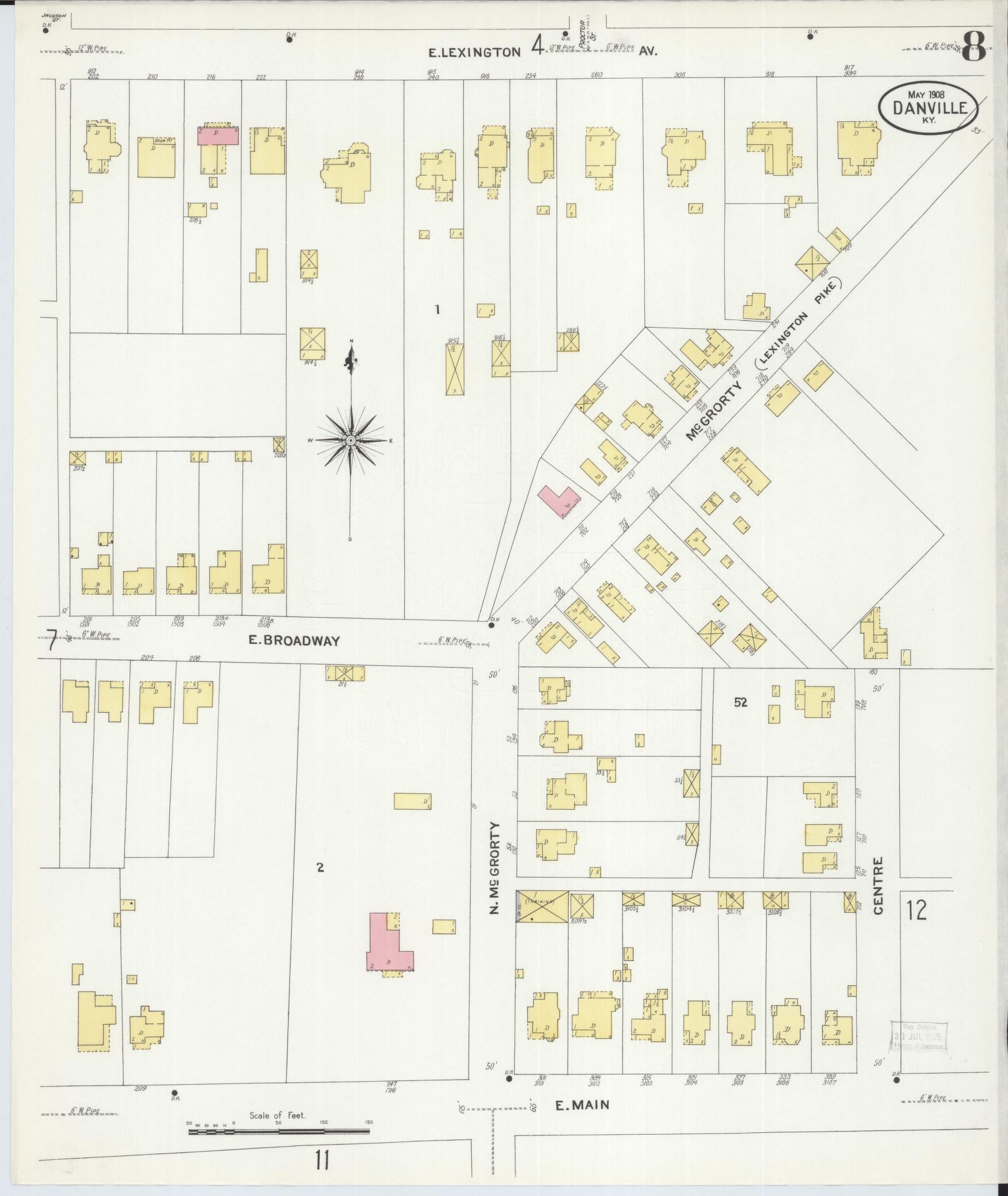 Sanborn Fire Insurance Map from Danville, Boyle County, Kentucky (1908), Sheet #0008 - Complete Map Set gallery image, historic Sanborn map, vintage wall art, Kentucky Kentucky