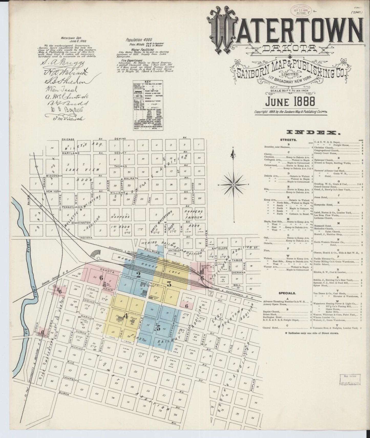 Sanborn Fire Insurance Map from Watertown, Codington County, South Dakota (1888), Sheet #0001 - Historic Sanborn Fire Insurance Map Print, vintage old map wall art, antique decor, genealogy gift, South Dakota South Dakota map