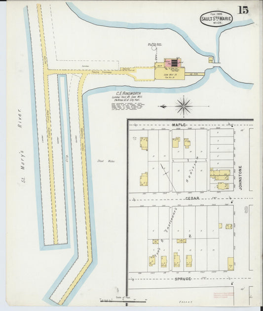 Sanborn Fire Insurance Map from Sault Sainte Marie, Chippewa County, Michigan (1895), Sheet #0015 - Historic Sanborn Fire Insurance Map Print, vintage old map wall art, antique decor, genealogy gift, Michigan Michigan map