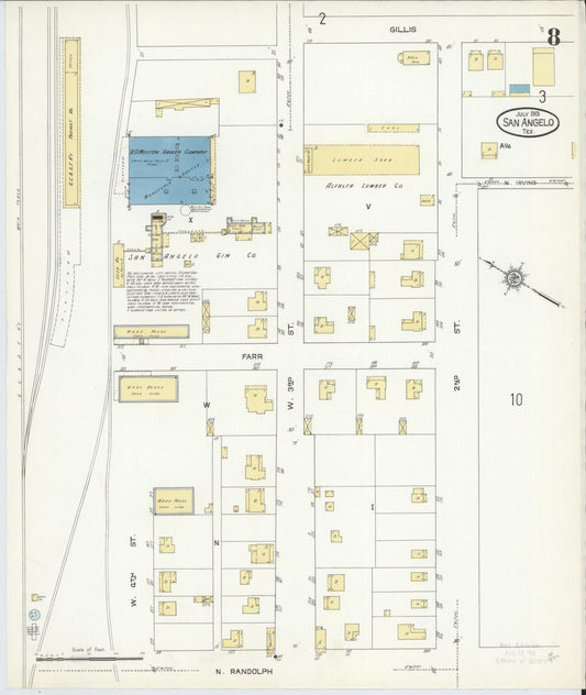 Sanborn Fire Insurance Map from San Angelo, Tom Green County, Texas (1913), Sheet #0008 - Historic Sanborn Fire Insurance Map Print, vintage old map wall art, antique decor, genealogy gift, Texas Texas map