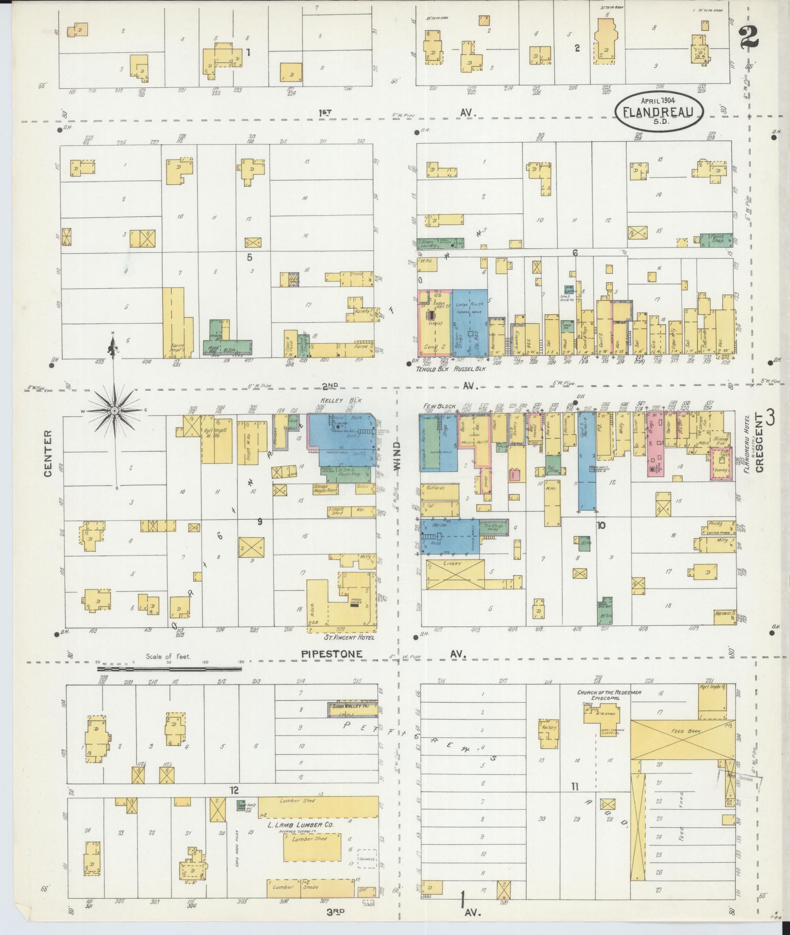 Sanborn Fire Insurance Map from Flandreau, Moody County, South Dakota (1904), Sheet #0002 - Historic Sanborn Fire Insurance Map Print, vintage old map wall art, antique decor, genealogy gift, South Dakota South Dakota map