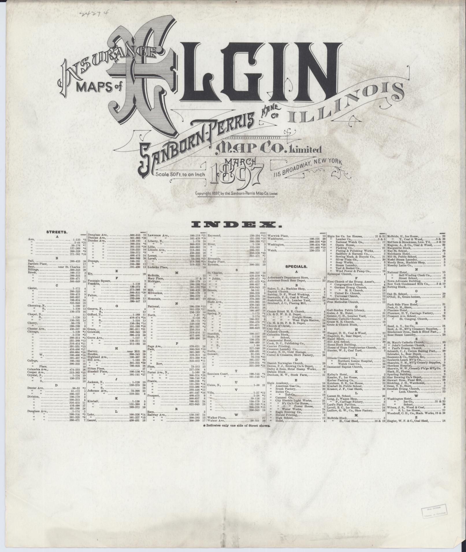 Sanborn Fire Insurance Map from Elgin, Kane County, Illinois (1897), Sheet #0001 - Historic Sanborn Fire Insurance Map Print, vintage old map wall art, antique decor, genealogy gift, Illinois Illinois map