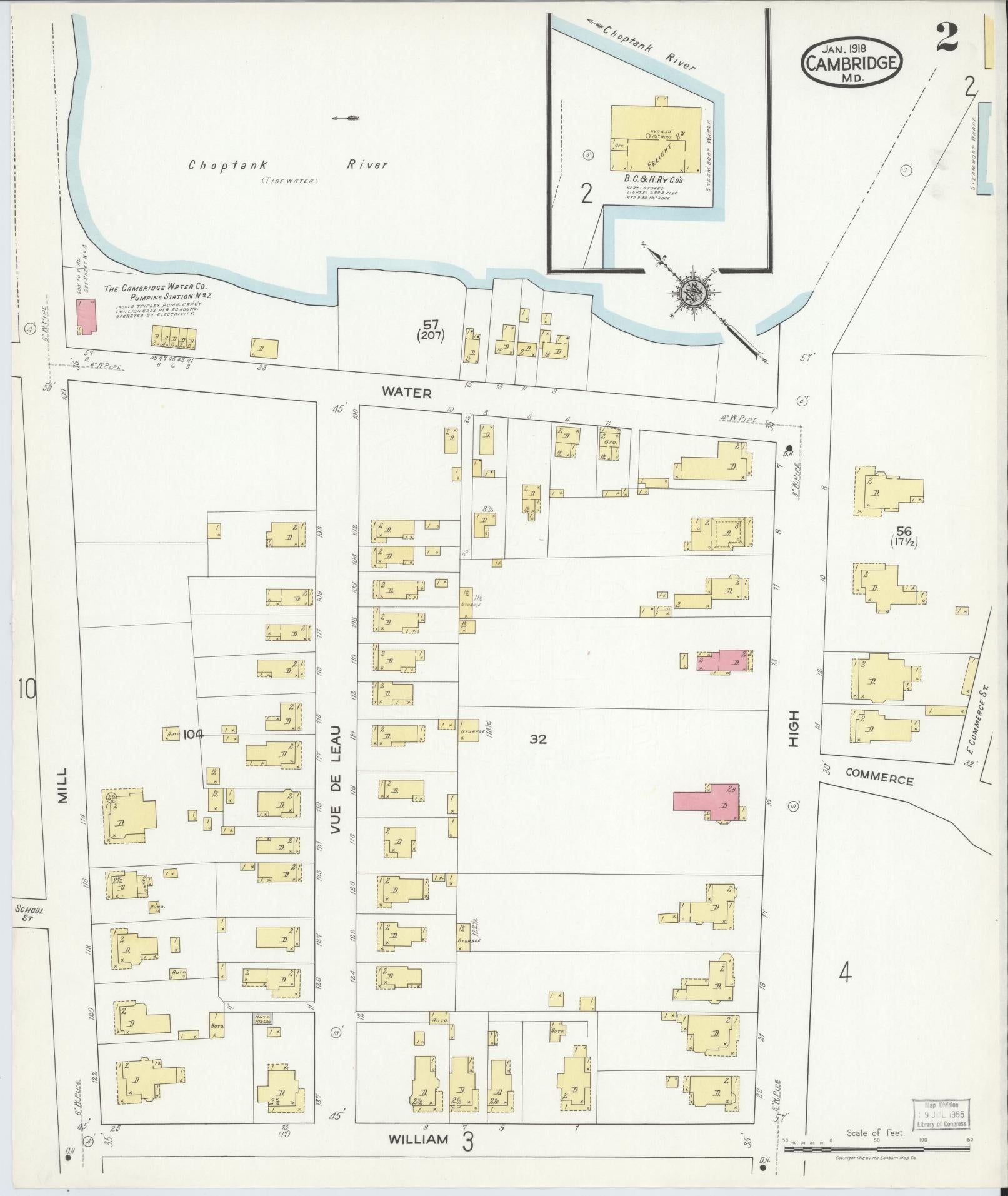 Dorchester, Maryland - 1918 - Sanborn Fire Insurance Map, Sheet #0002 - Historic Sanborn Fire Insurance Map Print, Dorchester Maryland 1918 0002 vintage old map wall art