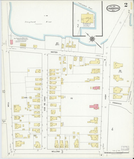 Dorchester, Maryland - 1918 - Sanborn Fire Insurance Map, Sheet #0002 - Historic Sanborn Fire Insurance Map Print, Dorchester Maryland 1918 0002 vintage old map wall art