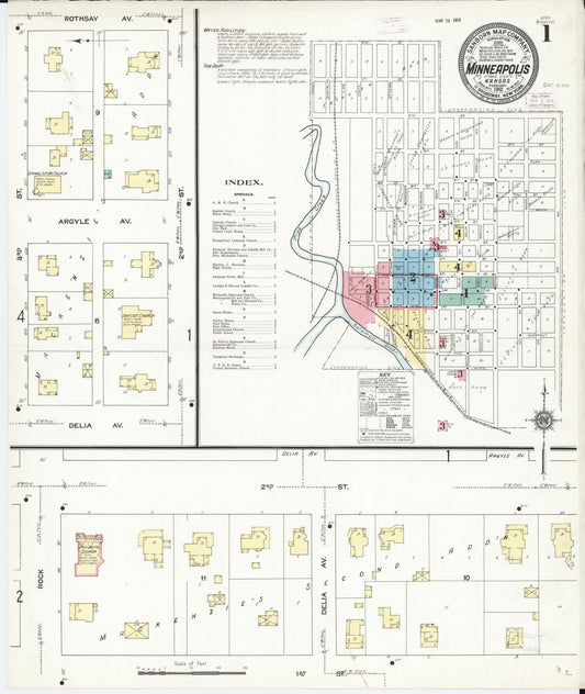 Sanborn Fire Insurance Map from Minneapolis, Ottawa  County, Kansas (1912), Sheet #0001 - Historic Sanborn Fire Insurance Map Print, vintage old map wall art, antique decor, genealogy gift, Kansas Kansas map