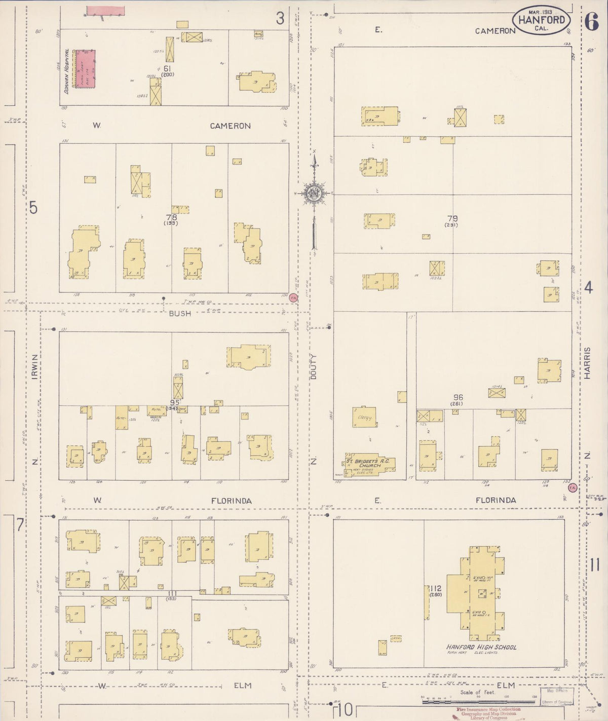 Sanborn Fire Insurance Map from Hanford, Kings County, California (1913), Sheet #0006 - Complete Map Set gallery image, historic Sanborn map, vintage wall art, California California
