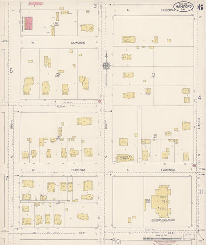 Sanborn Fire Insurance Map from Hanford, Kings County, California (1913), Sheet #0006 - Complete Map Set gallery image, historic Sanborn map, vintage wall art, California California