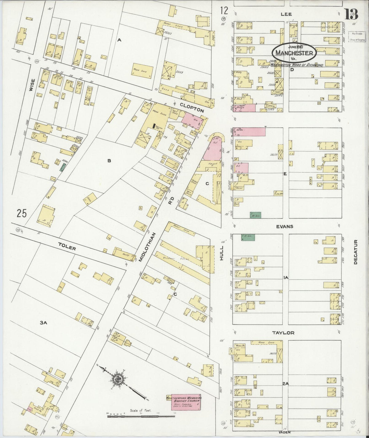 Sanborn Fire Insurance Map from Manchester, Chesterfield County, Virginia (1910), Sheet #0013 - Historic Sanborn Fire Insurance Map Print, vintage old map wall art, antique decor, genealogy gift, Virginia Virginia map