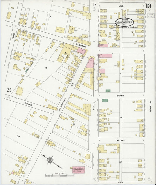 Sanborn Fire Insurance Map from Manchester, Chesterfield County, Virginia (1910), Sheet #0013 - Historic Sanborn Fire Insurance Map Print, vintage old map wall art, antique decor, genealogy gift, Virginia Virginia map