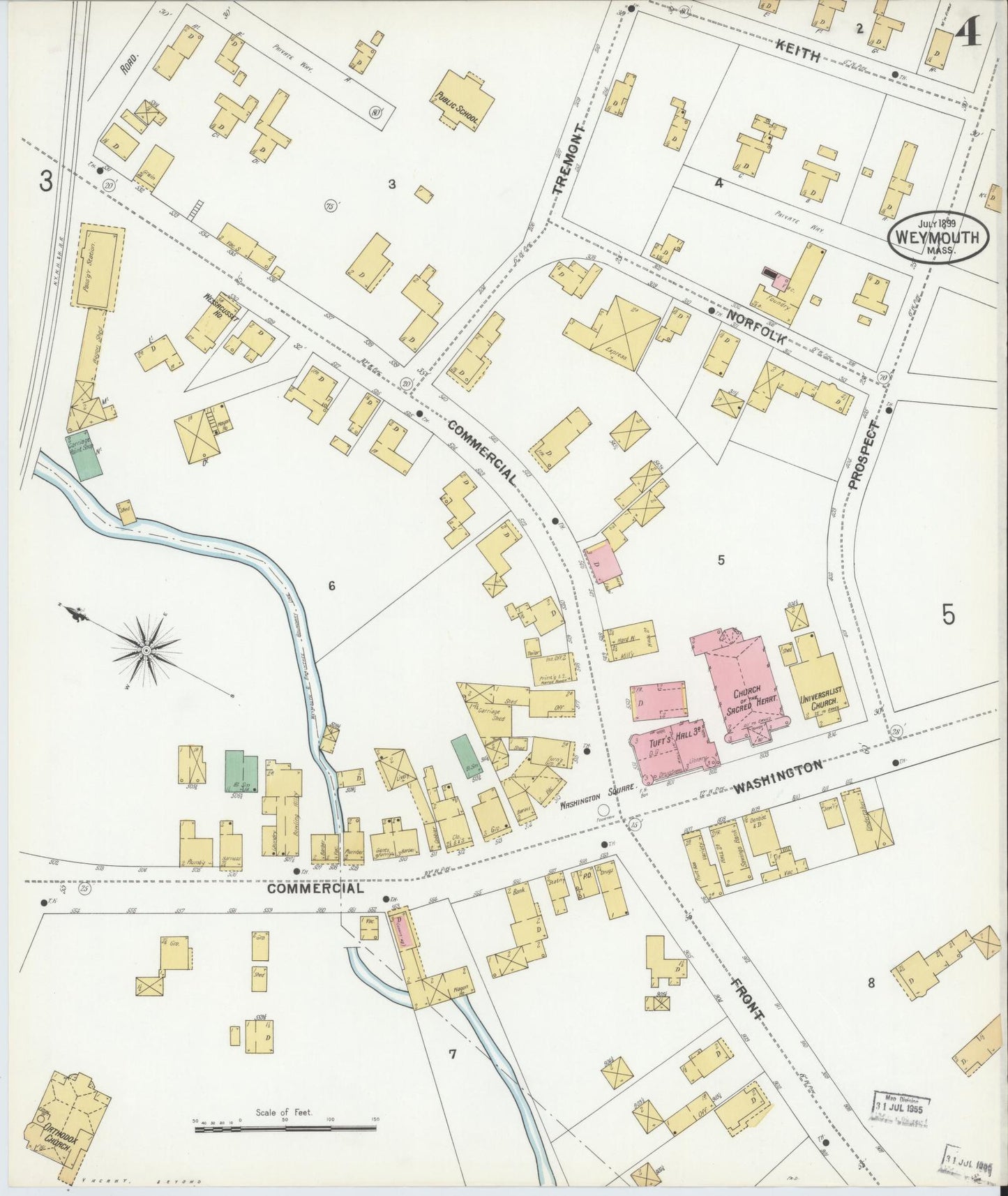 Sanborn Fire Insurance Map from Weymouth, Norfolk County, Massachusetts (1899), Sheet #0004 - Historic Sanborn Fire Insurance Map Print, vintage old map wall art, antique decor, genealogy gift, Massachusetts Massachusetts map