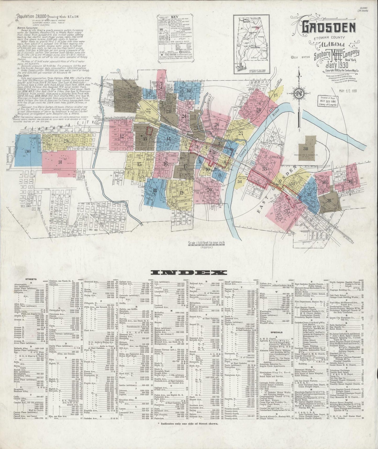 Sanborn Fire Insurance Map from Gadsden, Etowah County, Alabama (1930), Sheet #0001 - Complete Map Set gallery image, historic Sanborn map, vintage wall art, Alabama Alabama