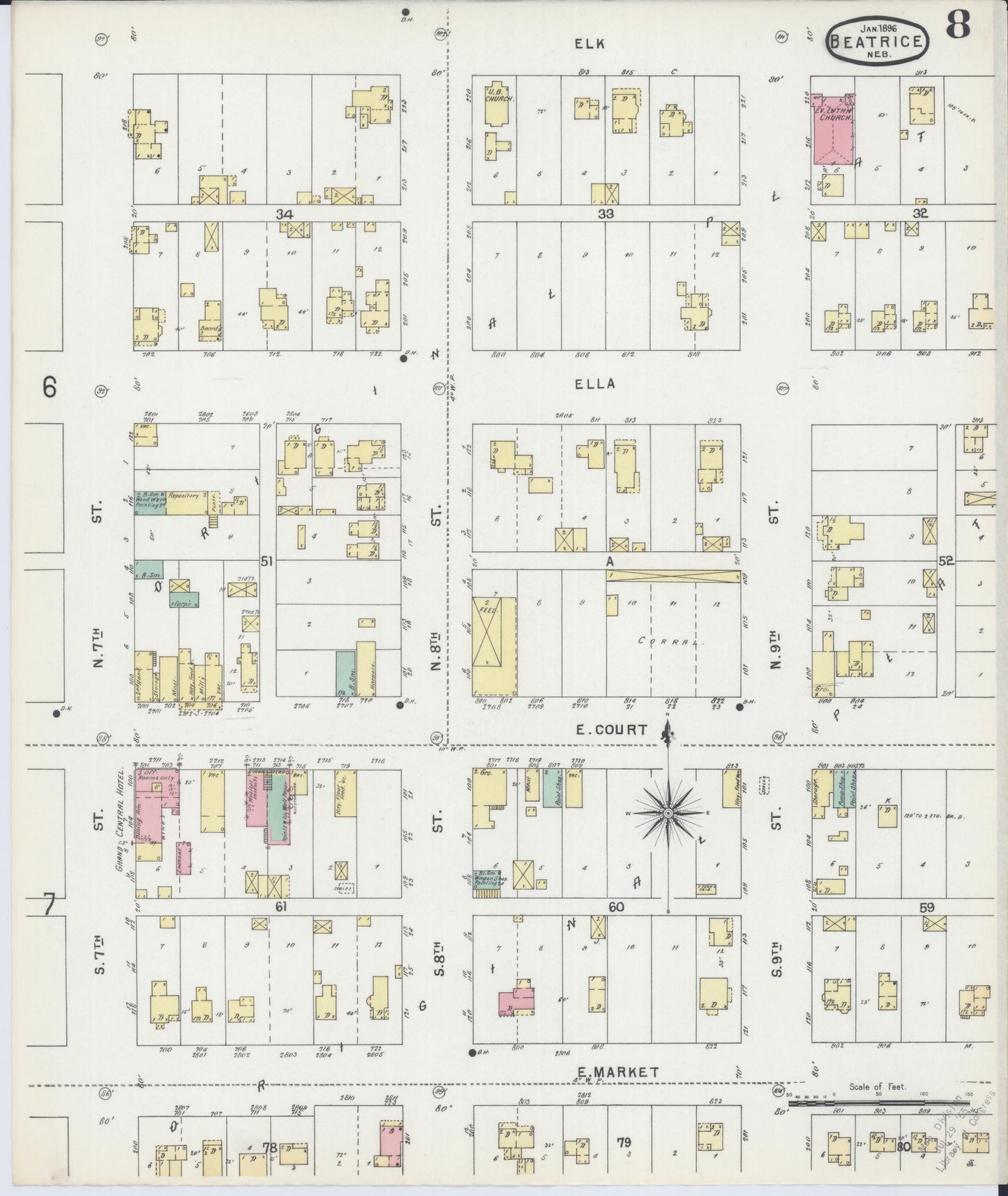 Sanborn Fire Insurance Map from Beatrice, Gage County, Nebraska (1896), Sheet #0008 - Complete Map Set gallery image, historic Sanborn map, vintage wall art, Nebraska Nebraska