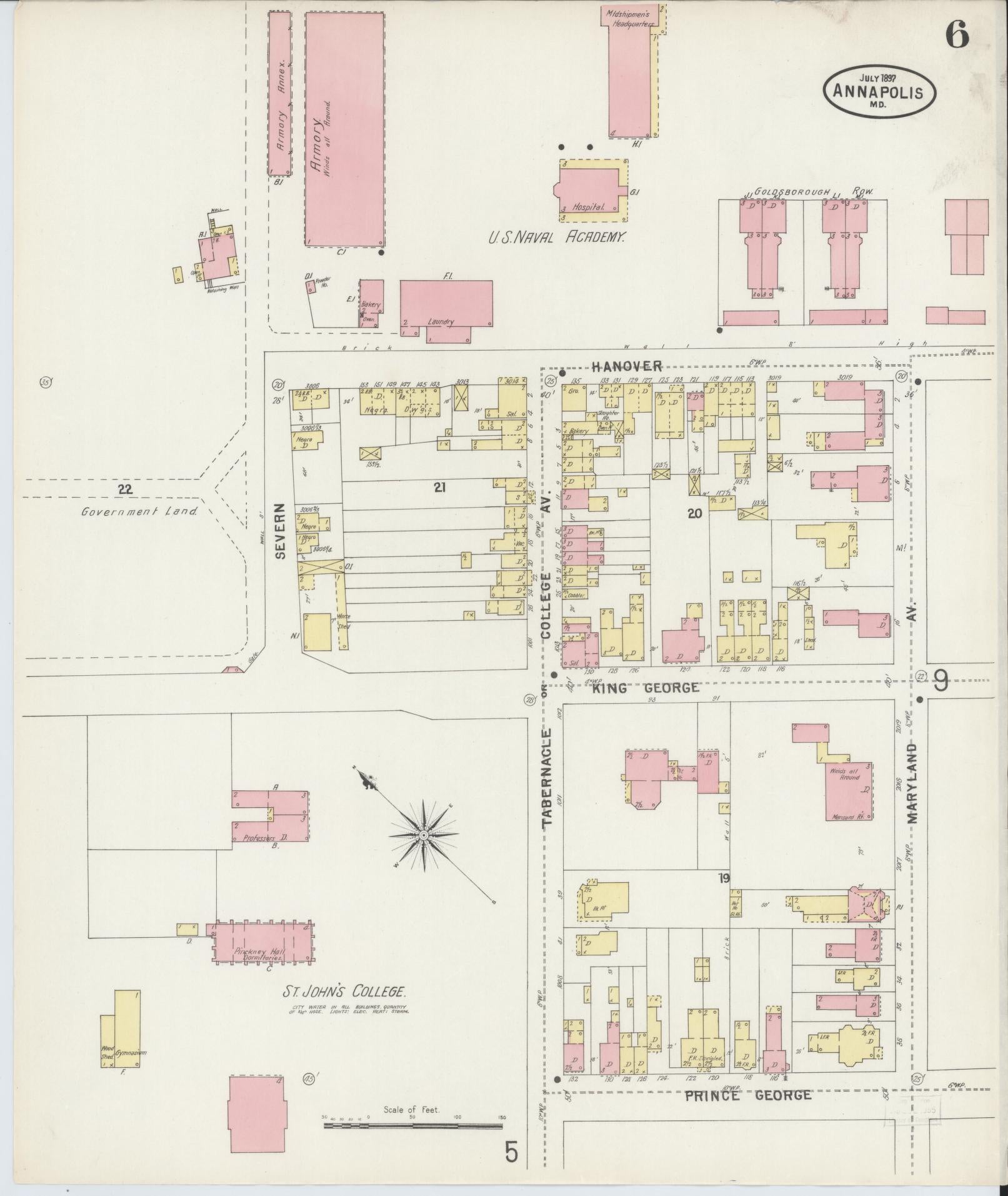 Anne Arundel, Maryland - 1897 - Sanborn Fire Insurance Map, Sheet #0006 - Historic Sanborn Fire Insurance Map Print, Anne Arundel Maryland 1897 0006 vintage old map wall art