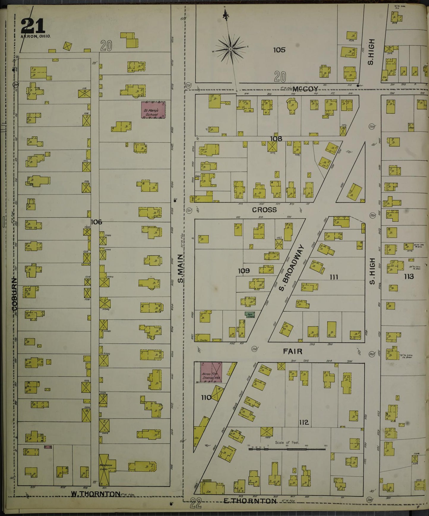 Sanborn Fire Insurance Map from Akron, Summit County, Ohio (1892), Sheet #0021 - Historic Sanborn Fire Insurance Map Print, vintage old map wall art, antique decor, genealogy gift, Ohio Ohio map