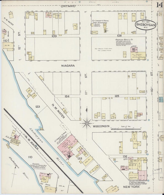 Sanborn Fire Insurance Map from Sheboygan, Sheboygan County, Wisconsin (1887), Sheet #0014 - Historic Sanborn Fire Insurance Map Print, vintage old map wall art, antique decor, genealogy gift, Wisconsin Wisconsin map