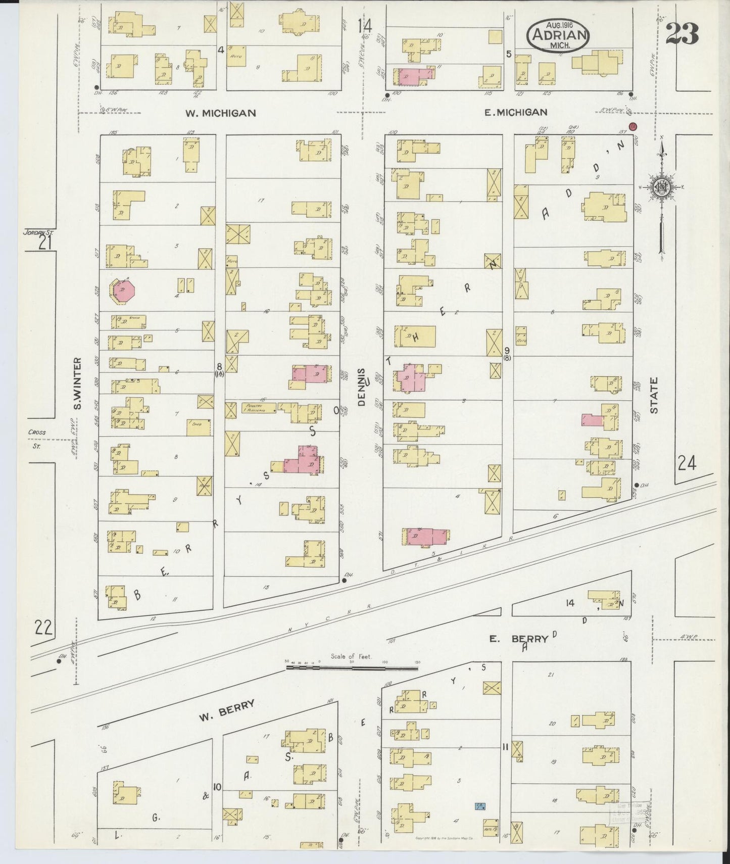 Sanborn Fire Insurance Map from Adrian, Lenawee County, Michigan (1916), Sheet #0023 - Complete Map Set gallery image, historic Sanborn map, vintage wall art, Michigan Michigan
