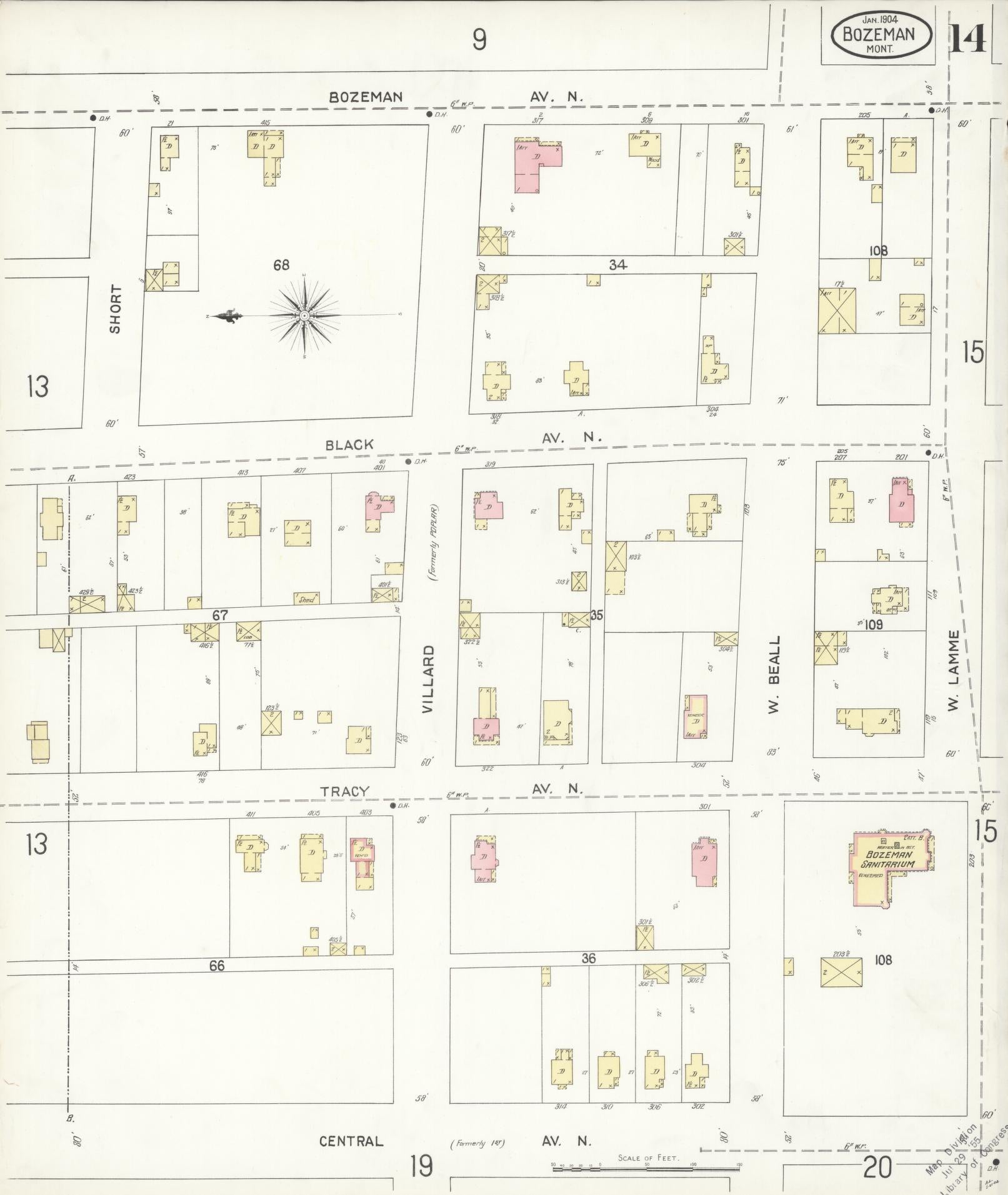 Sanborn Fire Insurance Map from Bozeman, Gallatin County, Montana (1904), Sheet #0014 - Historic Sanborn Fire Insurance Map Print, vintage old map wall art, antique decor, genealogy gift, Montana Montana map