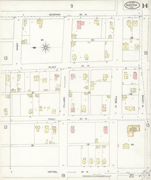 Sanborn Fire Insurance Map from Bozeman, Gallatin County, Montana (1904), Sheet #0014 - Historic Sanborn Fire Insurance Map Print, vintage old map wall art, antique decor, genealogy gift, Montana Montana map