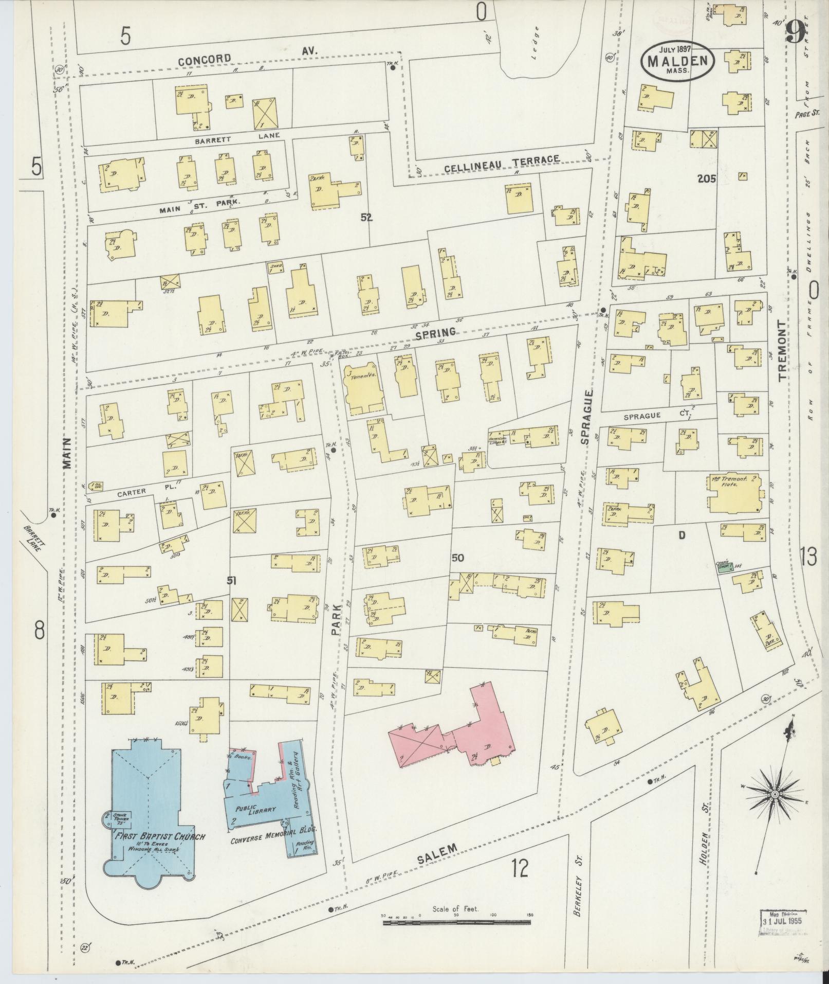 Sanborn Fire Insurance Map from Malden, Middlesex County, Massachusetts (1897), Sheet #0009 - Historic Sanborn Fire Insurance Map Print, vintage old map wall art, antique decor, genealogy gift, Massachusetts Massachusetts map