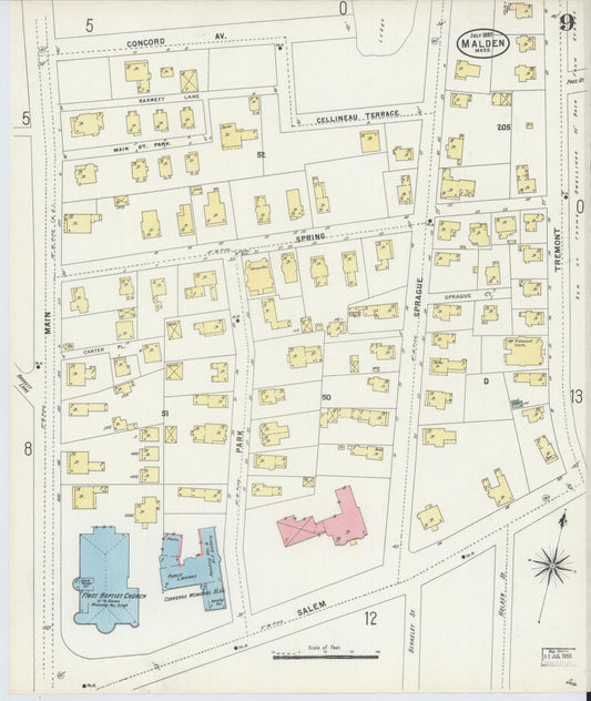 Sanborn Fire Insurance Map from Malden, Middlesex County, Massachusetts (1897), Sheet #0009 - Historic Sanborn Fire Insurance Map Print, vintage old map wall art, antique decor, genealogy gift, Massachusetts Massachusetts map