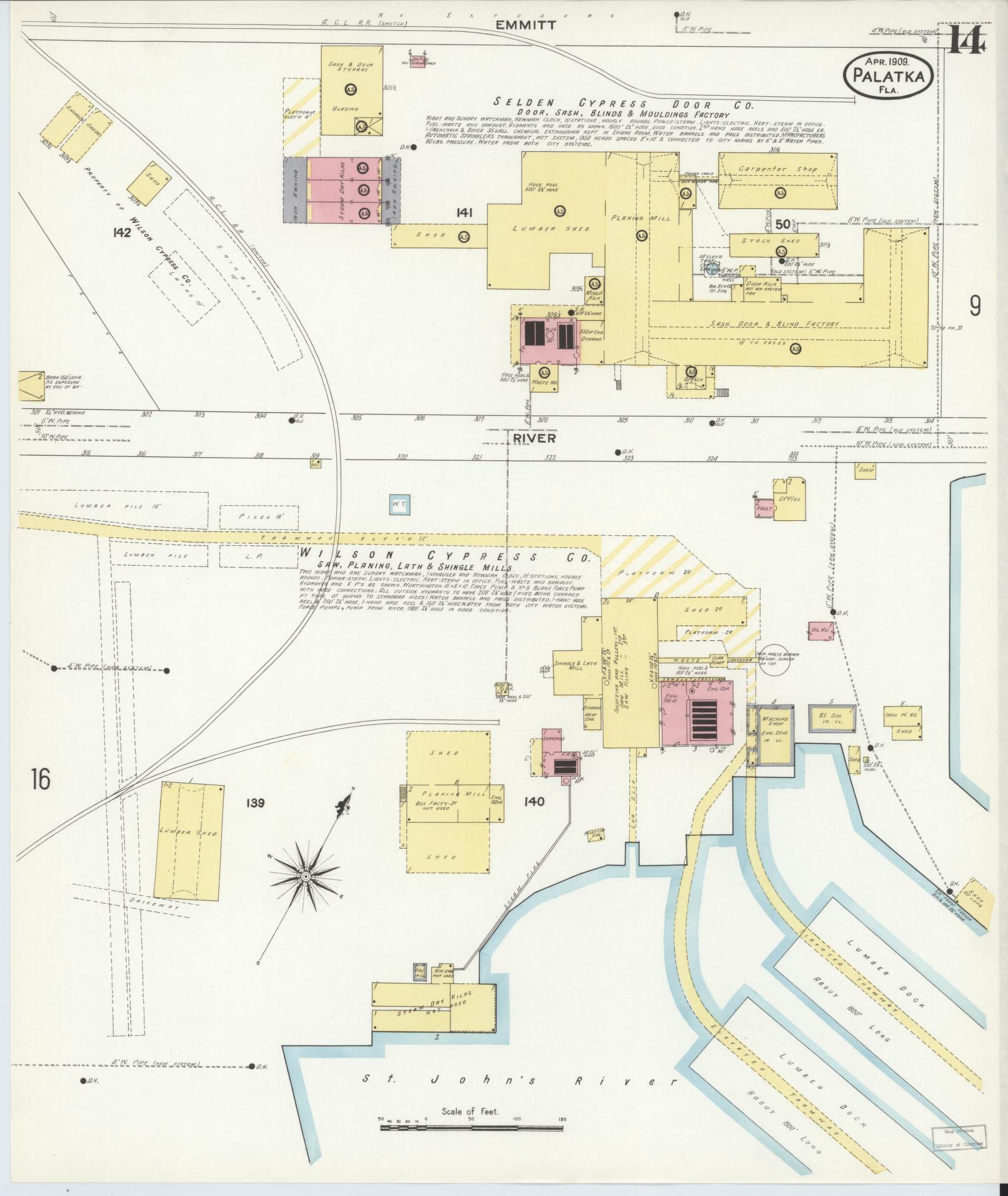 Sanborn Fire Insurance Map from Palatka, Putnam County, Florida (1909), Sheet #0014 - Historic Sanborn Fire Insurance Map Print, vintage old map wall art, antique decor, genealogy gift, Florida Florida map