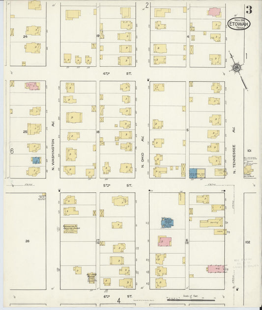 Sanborn Fire Insurance Map from Etowah, McMinn County, Tennessee (1916), Sheet #0003 - Historic Sanborn Fire Insurance Map Print, vintage old map wall art, antique decor, genealogy gift, Tennessee Tennessee map