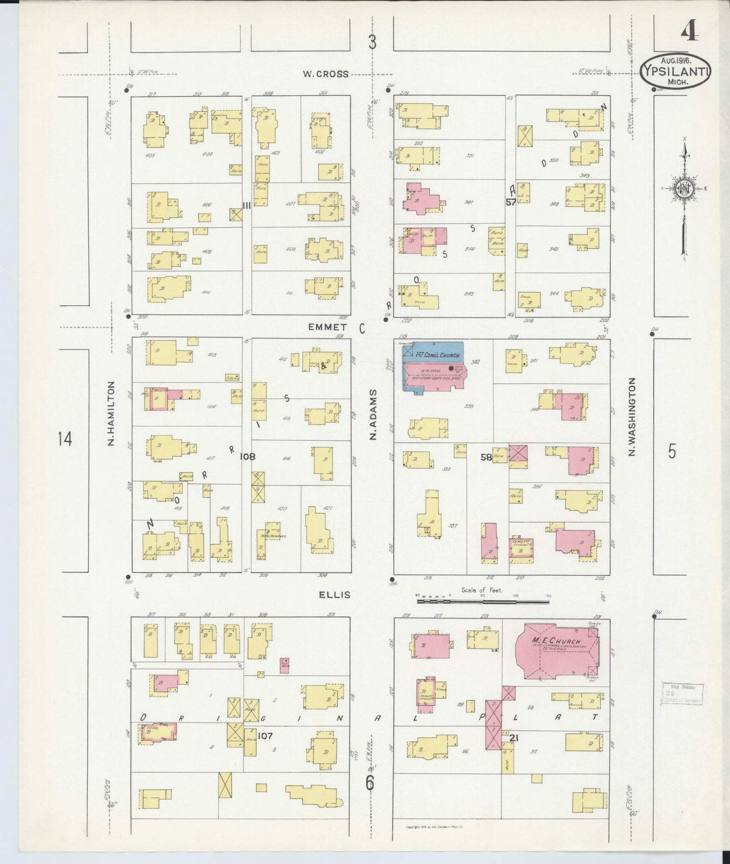 Sanborn Fire Insurance Map from Ypsilanti, Washtenaw County, Michigan (1916), Sheet #0004 - Historic Sanborn Fire Insurance Map Print, vintage old map wall art, antique decor, genealogy gift, Michigan Michigan map