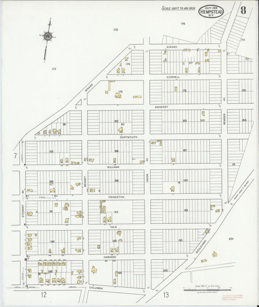 Sanborn Fire Insurance Map from Hempstead, Nassau County, New York (1919), Sheet #0008 - Historic Sanborn Fire Insurance Map Print, vintage old map wall art, antique decor, genealogy gift, New York New York map