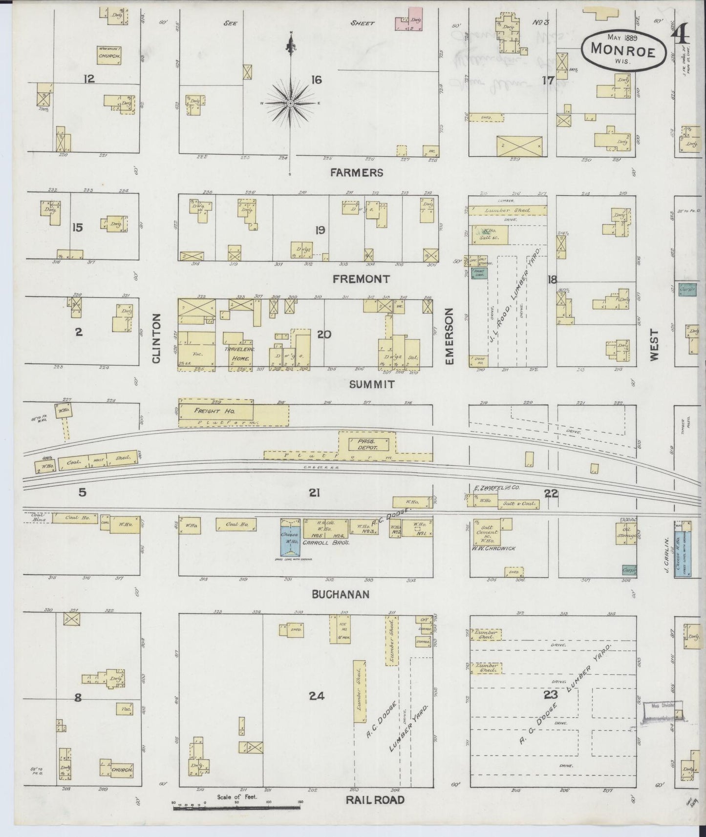 Sanborn Fire Insurance Map from Monroe, Green County, Wisconsin (1889), Sheet #0004 - Complete Map Set gallery image, historic Sanborn map, vintage wall art, Wisconsin Wisconsin