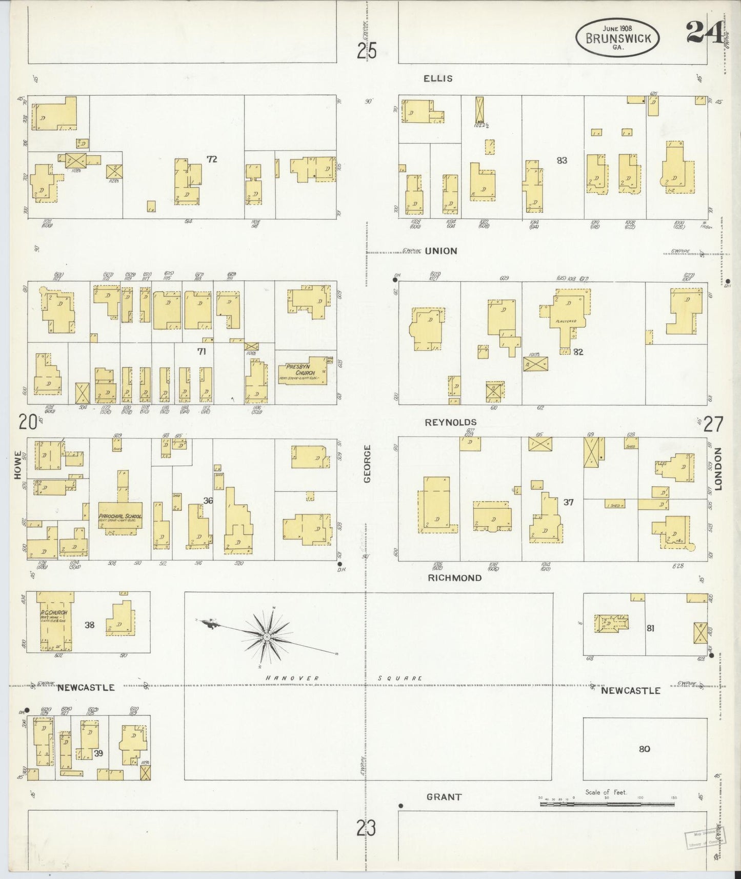 Sanborn Fire Insurance Map from Brunswick, Glynn County, Georgia (1908), Sheet #0024 - Complete Map Set gallery image, historic Sanborn map, vintage wall art, Georgia Georgia
