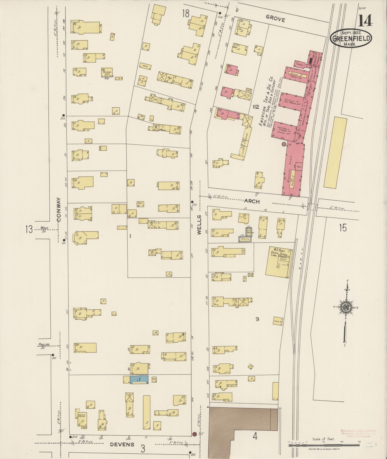 Sanborn Fire Insurance Map from Greenfield, Franklin County, Massachusetts (1922), Sheet #0014 - Historic Sanborn Fire Insurance Map Print, vintage old map wall art, antique decor, genealogy gift, Massachusetts Massachusetts map