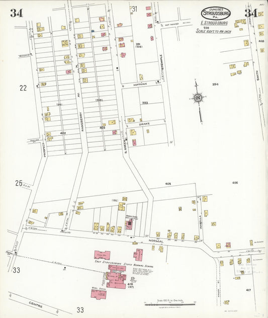 Sanborn Fire Insurance Map from Stroudsburg, Monroe County, Pennsylvania (1923), Sheet #0034 - Historic Sanborn Fire Insurance Map Print, vintage old map wall art, antique decor, genealogy gift, Pennsylvania Pennsylvania map