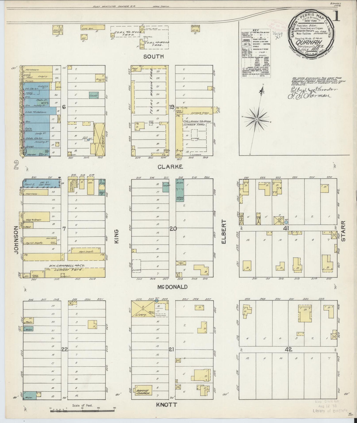 Sanborn Fire Insurance Map from Quanah, Hardeman County, Texas (1892), Sheet #0001 - Complete Map Set gallery image, historic Sanborn map, vintage wall art, Texas Texas