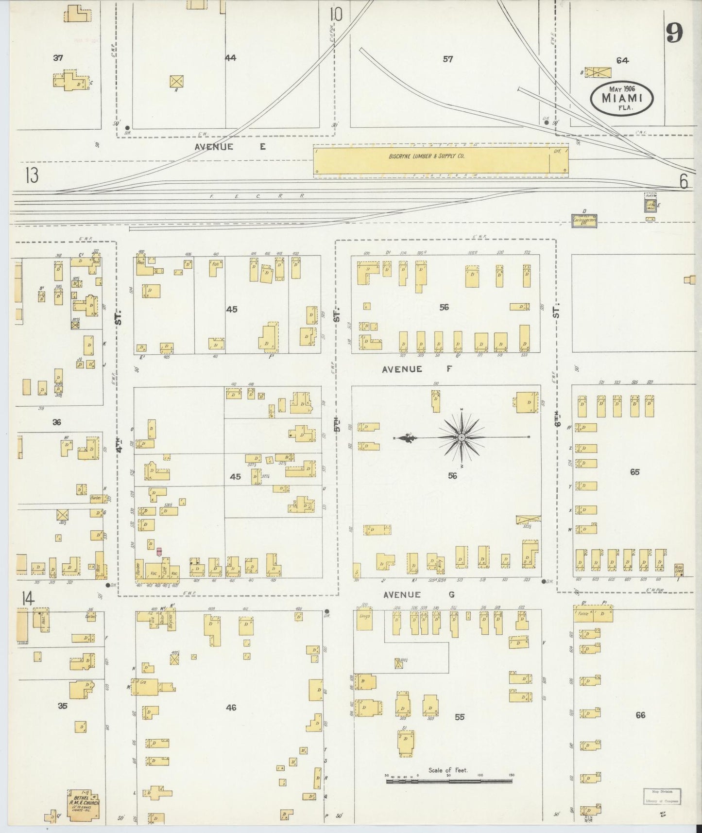 Sanborn Fire Insurance Map from Miami, Dade County, Florida (1906), Sheet #0009 - Complete Map Set gallery image, historic Sanborn map, vintage wall art, Florida Florida
