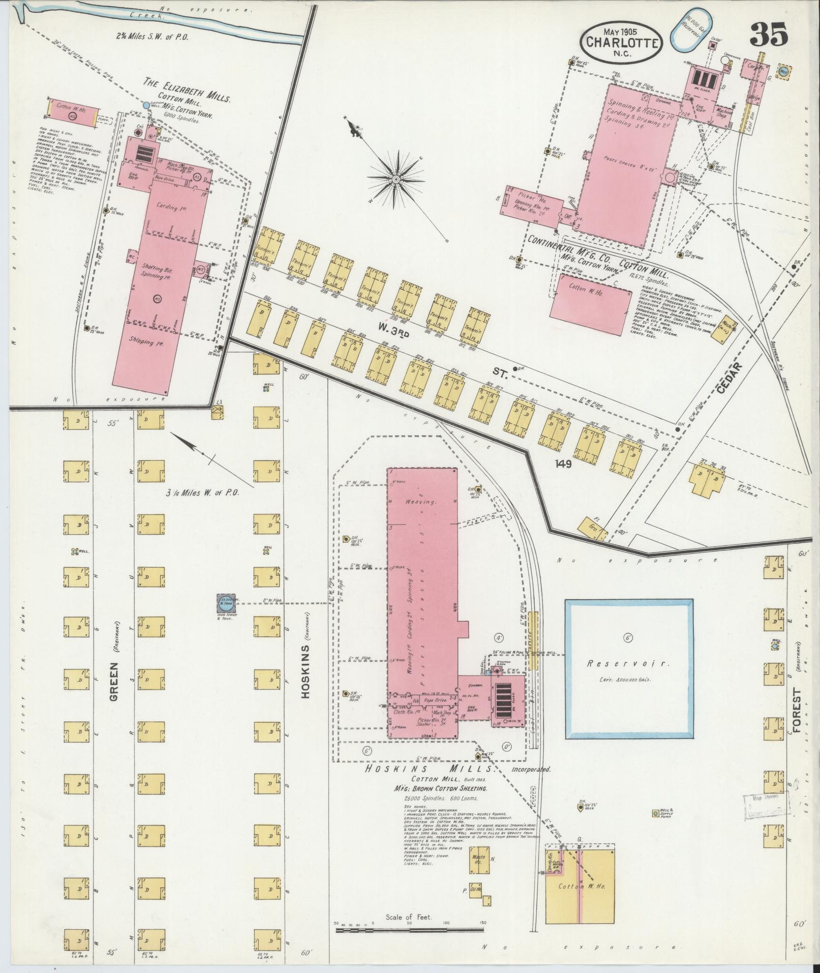 Sanborn Fire Insurance Map from Charlotte, Mecklenburg County, North Carolina (1905), Sheet #0035 - Historic Sanborn Fire Insurance Map Print, vintage old map wall art, antique decor, genealogy gift, North Carolina North Carolina map