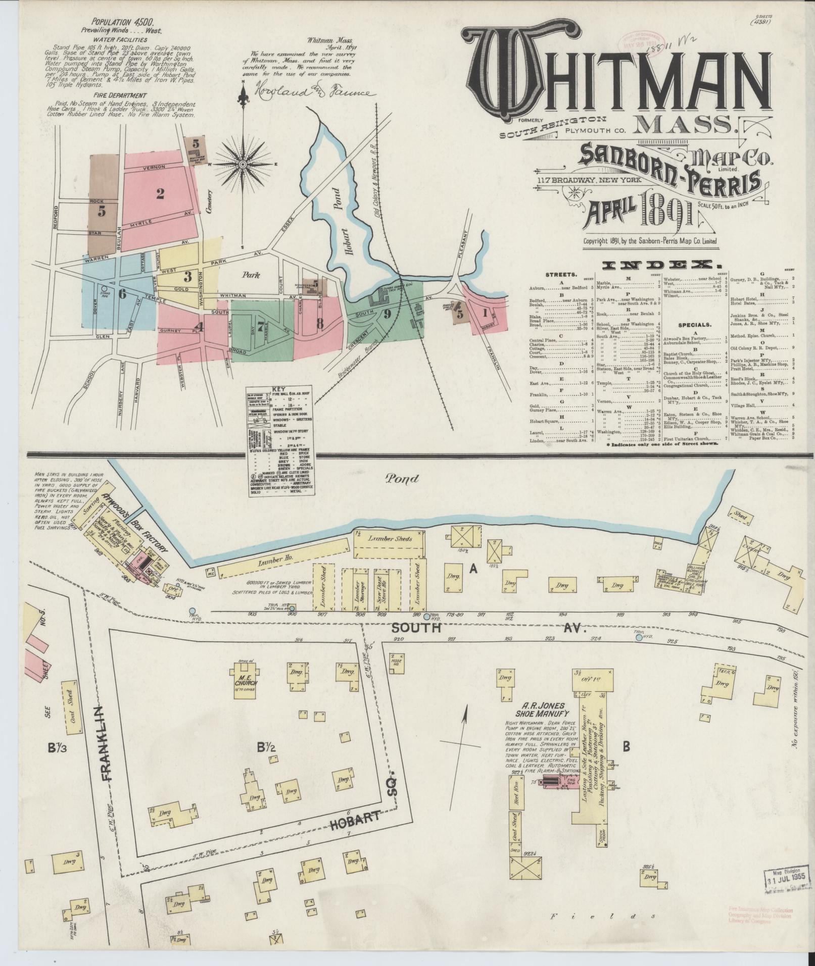 Sanborn Fire Insurance Map from Whitman, Plymouth County, Massachusetts (1891), Sheet #0001 - Complete Map Set gallery image, historic Sanborn map, vintage wall art, Massachusetts Massachusetts