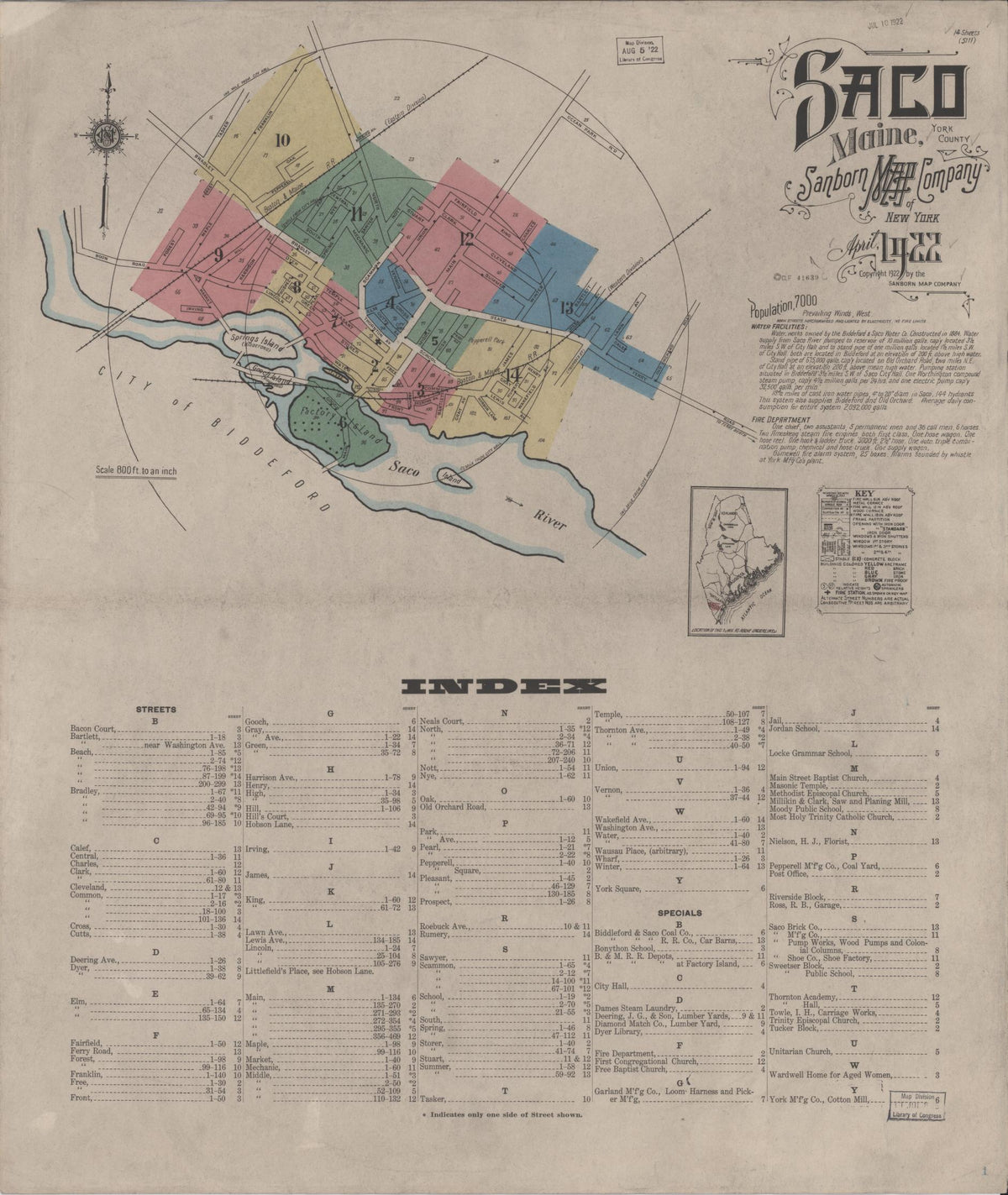 Sanborn Fire Insurance Map from Saco, York County, Maine (1922), Sheet #0001 - Historic Sanborn Fire Insurance Map Print, vintage old map wall art, antique decor, genealogy gift, Maine Maine map