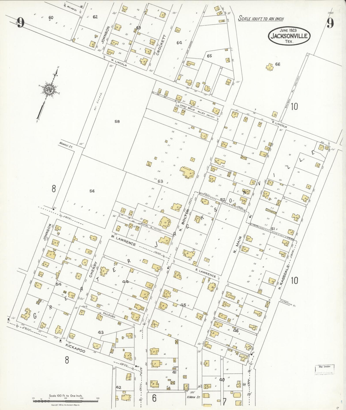 Sanborn Fire Insurance Map from Jacksonville, Cherokee County, Texas (1923), Sheet #0009 - Complete Map Set gallery image, historic Sanborn map, vintage wall art, Texas Texas