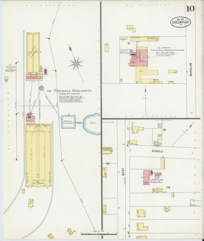 Sanborn Fire Insurance Map from Greenville, Greenville County, South Carolina (1898), Sheet #0010 - Complete Map Set gallery image, historic Sanborn map, vintage wall art, South Carolina South Carolina