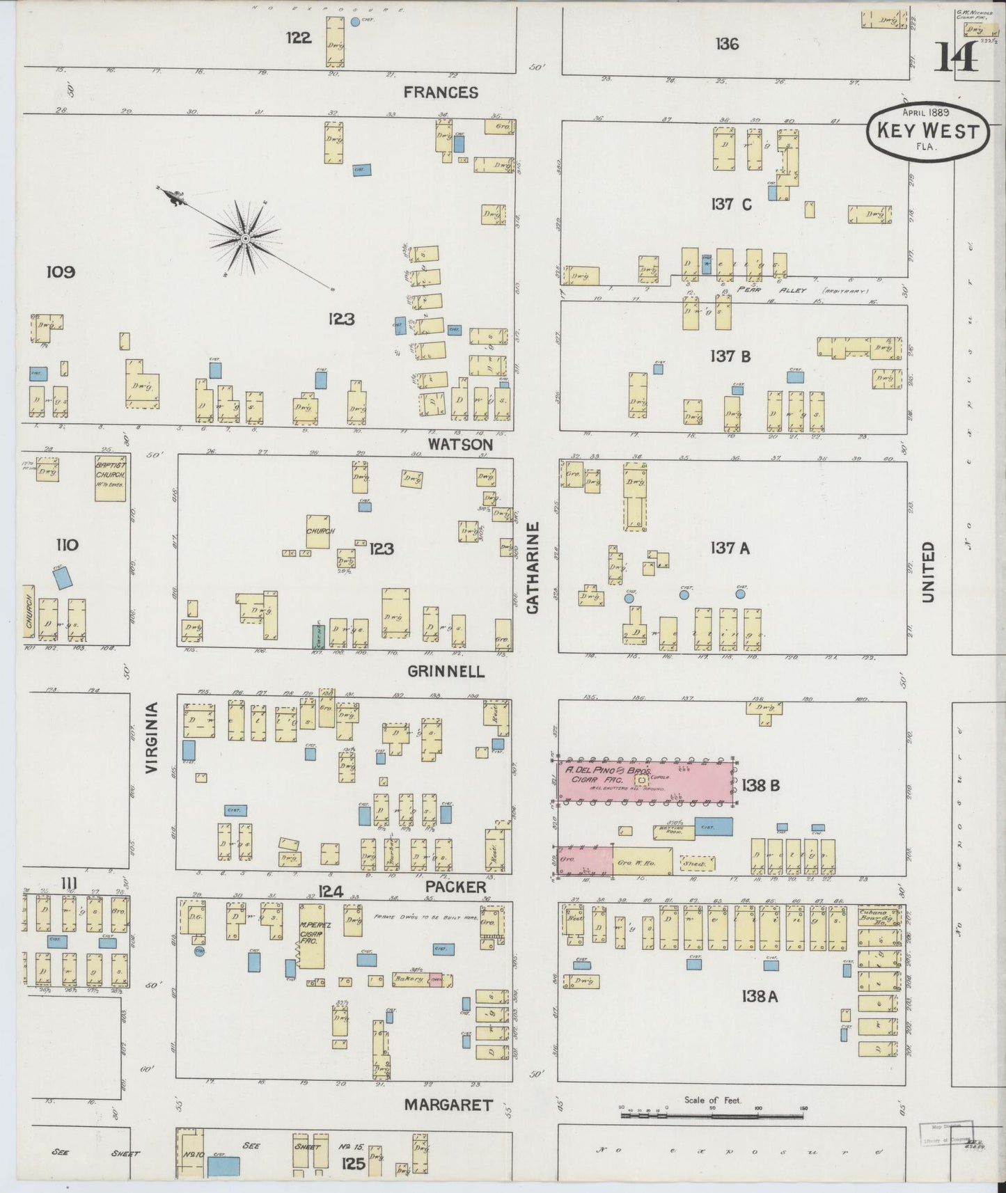 Sanborn Fire Insurance Map from Key West, Monroe County, Florida (1889), Sheet #0014 - Complete Map Set gallery image, historic Sanborn map, vintage wall art, Florida Florida