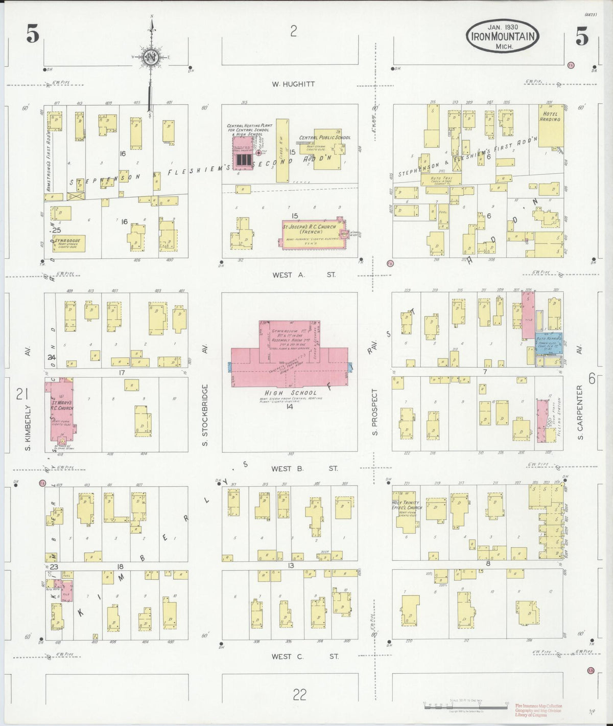 Sanborn Fire Insurance Map from Iron Mountain, Dickinson County, Michigan (1930), Sheet #0005 - Historic Sanborn Fire Insurance Map Print, vintage old map wall art, antique decor, genealogy gift, Michigan Michigan map