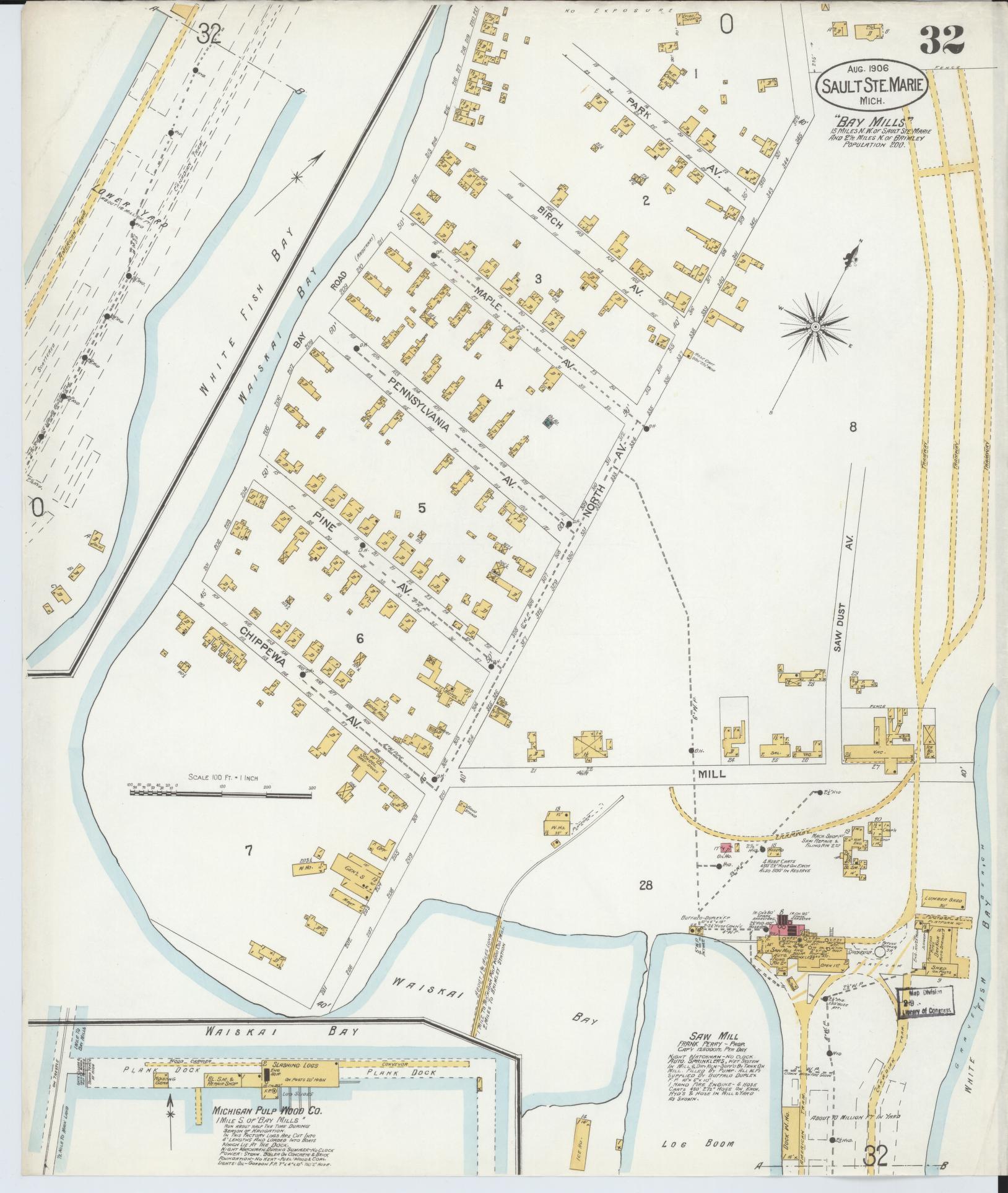 Sanborn Fire Insurance Map from Sault Sainte Marie, Chippewa County, Michigan (1906), Sheet #0032 - Complete Map Set gallery image, historic Sanborn map, vintage wall art, Michigan Michigan