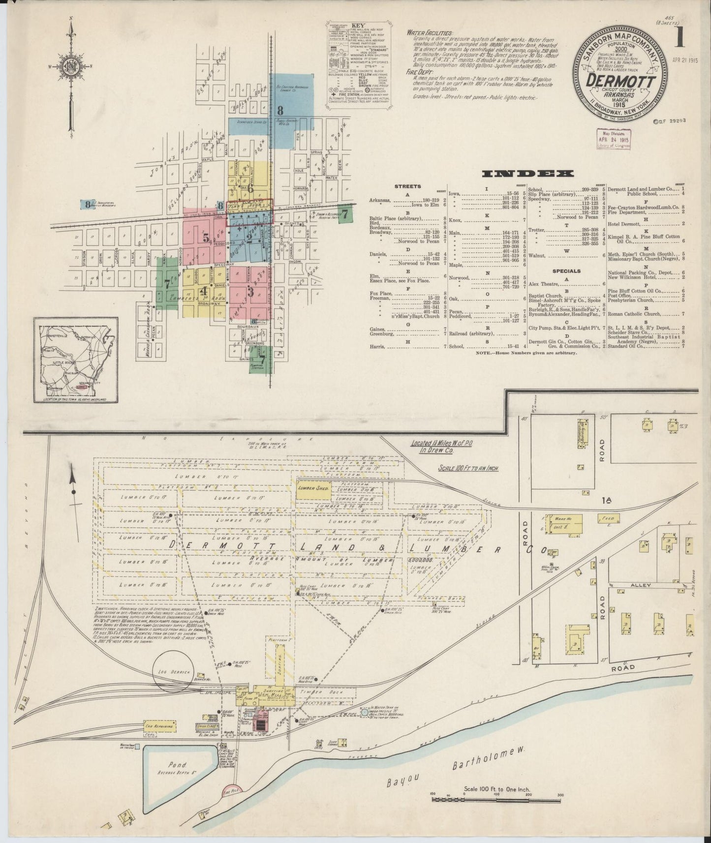 Sanborn Fire Insurance Map from Dermott, Chicot County, Arkansas (1915), Sheet #0001 - Complete Map Set gallery image, historic Sanborn map, vintage wall art, Arkansas Arkansas